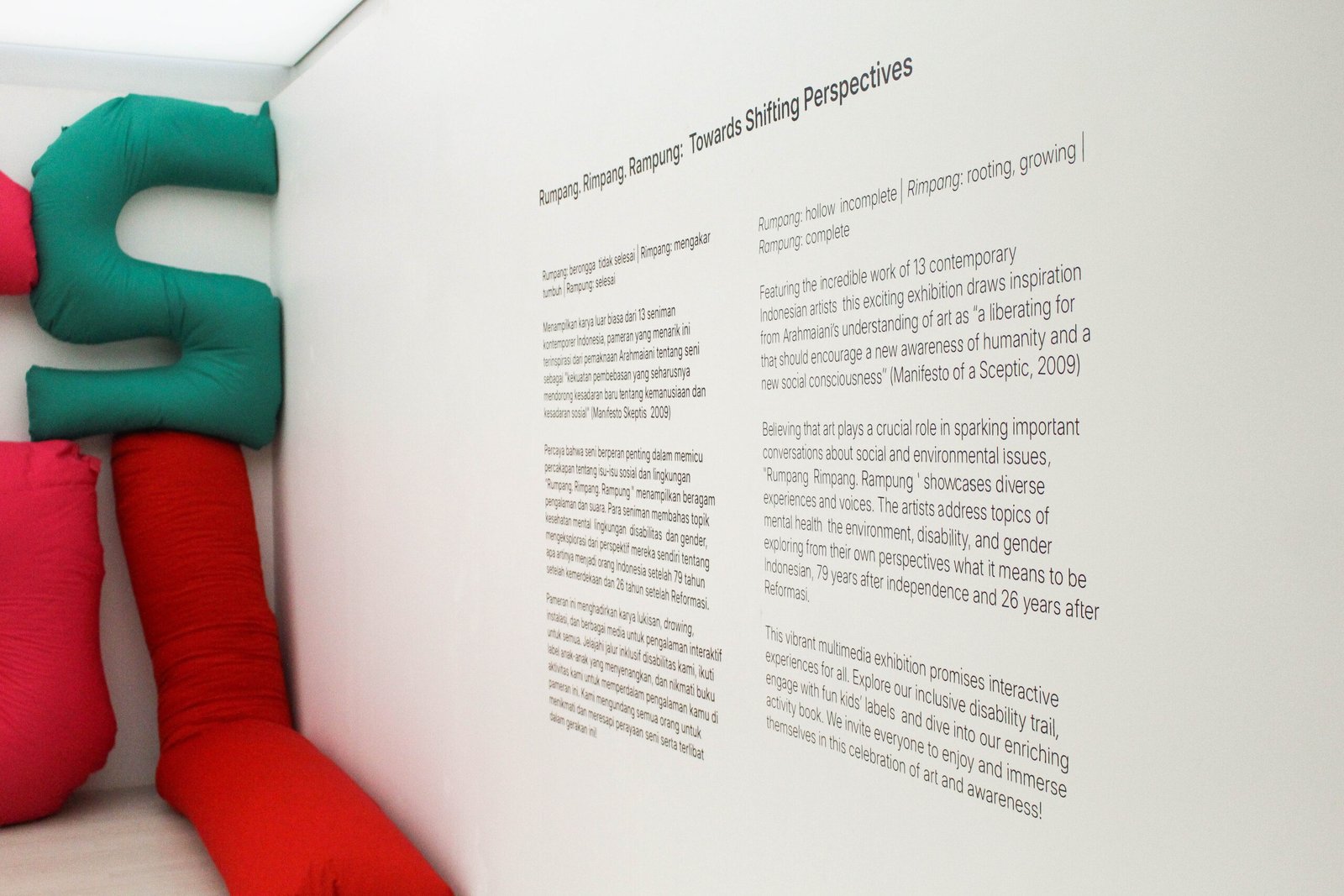 Photos from the exhibition "Rumpang. Rimpang. Rampung: Towards Shifting Perspectives" (2024). Organized by CultureLab at Contemporary Art Gallery (CAG), Taman Mini Indonesia Indah (TMII) (2024). Photo credit: Helmi Adam/CAG TMII